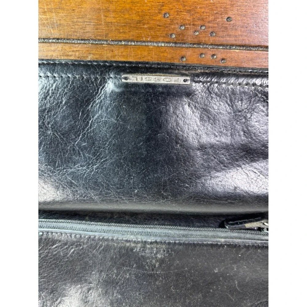 Fossil Trifold Wallet Womens OS Black Genuine Leather Snap ID Window Organizer